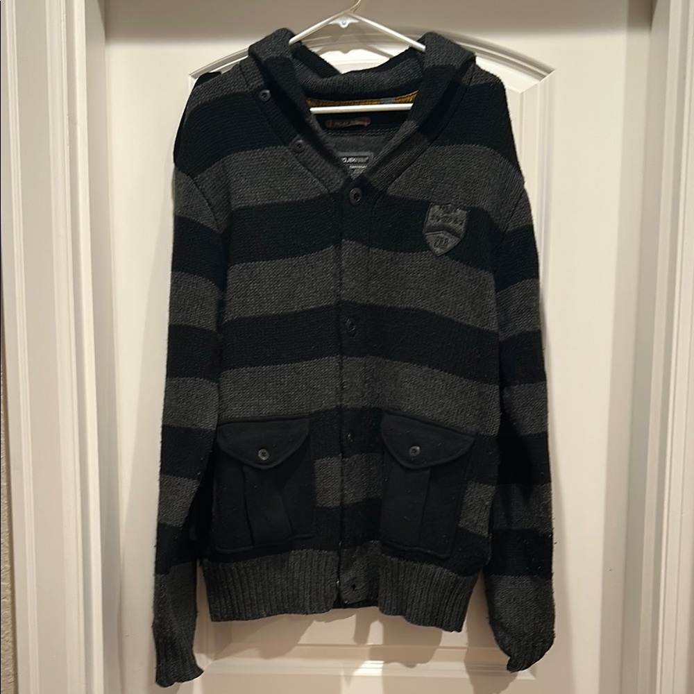Black and Gray Striped Cardigan with V-Neck